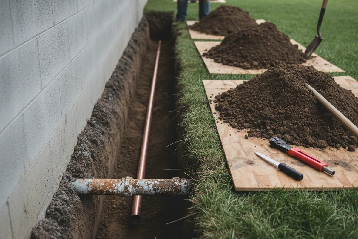 Excavated water line trench during Water Softener Installation in Elsie